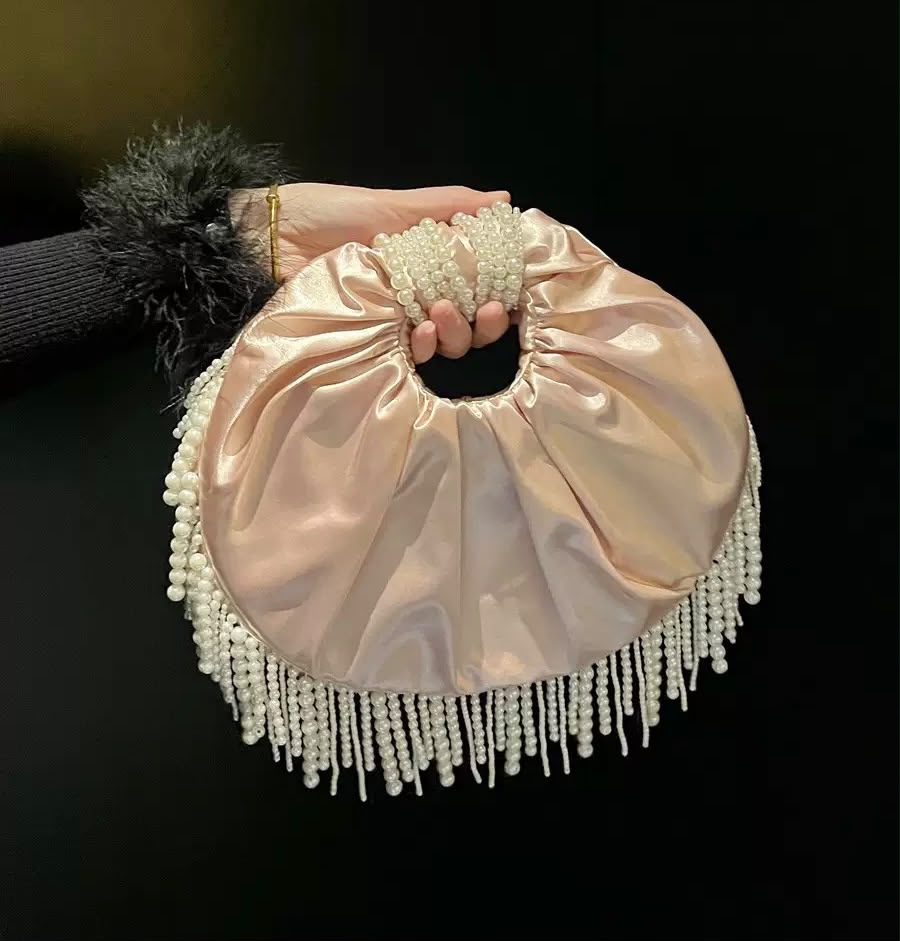 Pearl-Fringe Satin Evening Bag