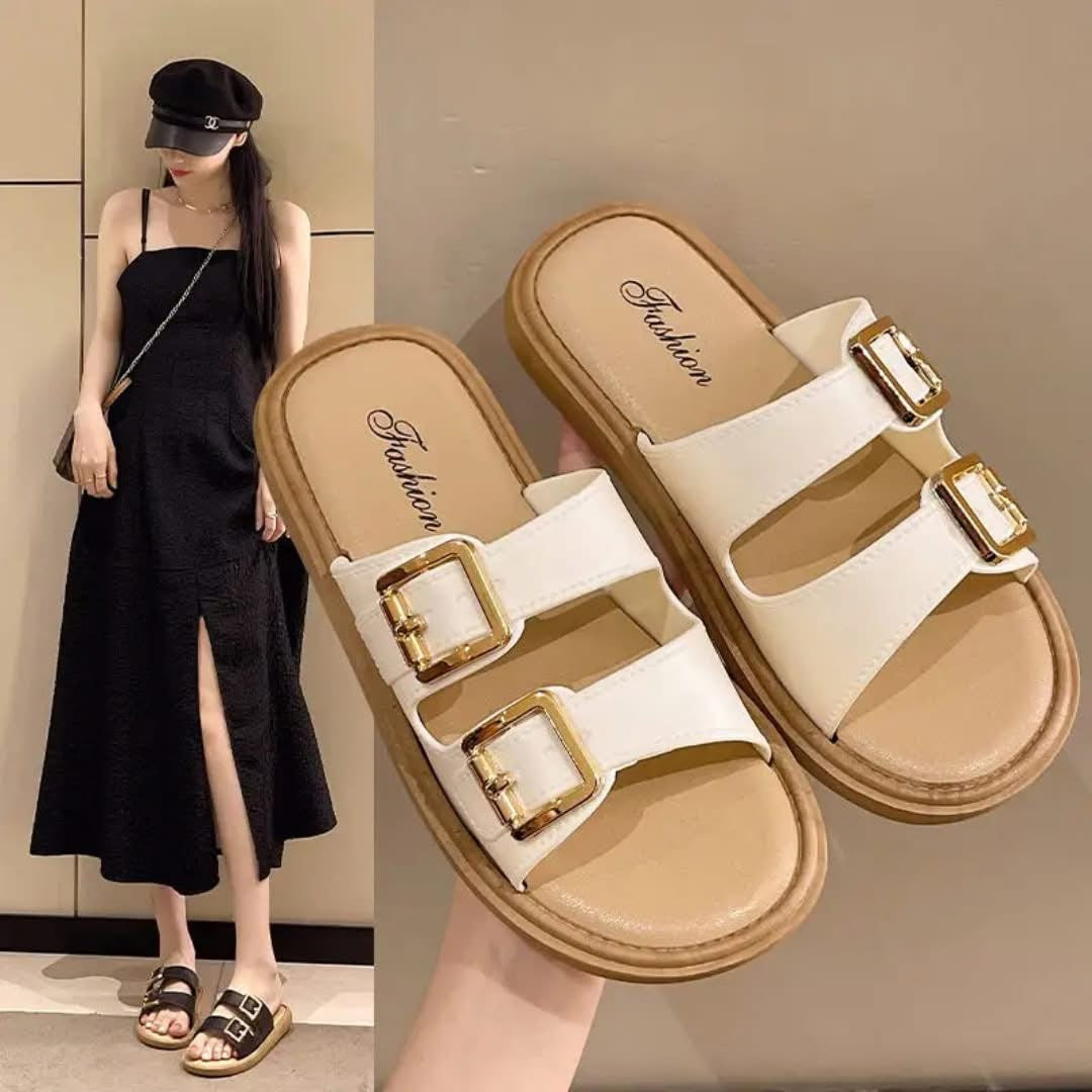 Double buckle slip-on sandles