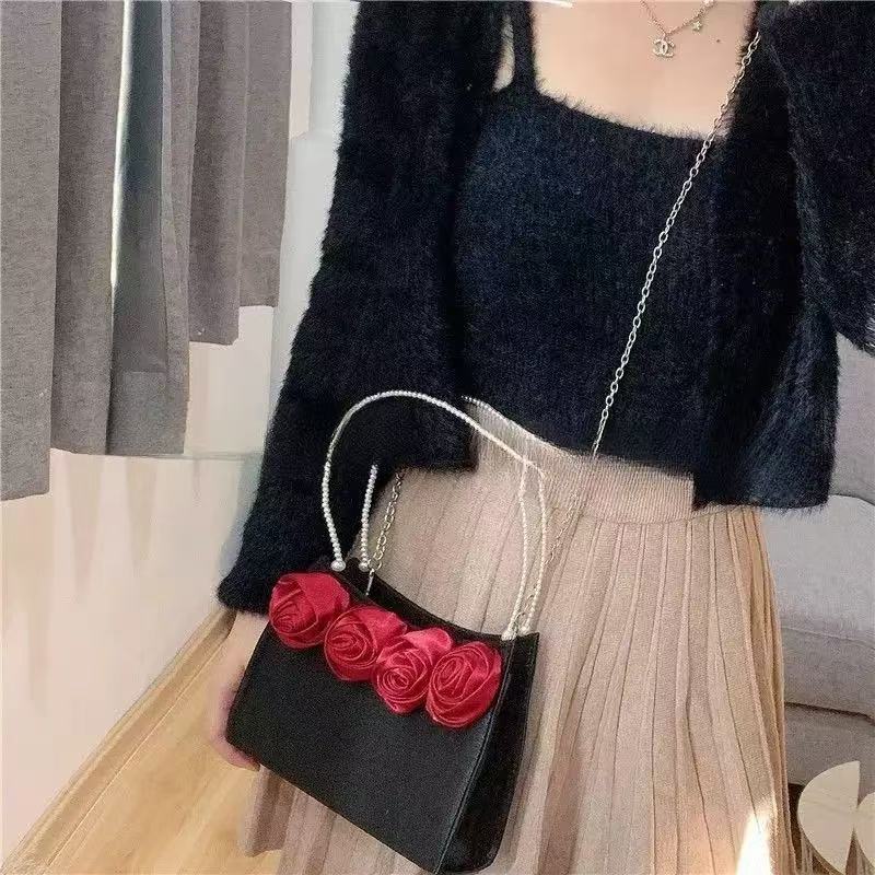 Satin Rose Pearl Handle Bag