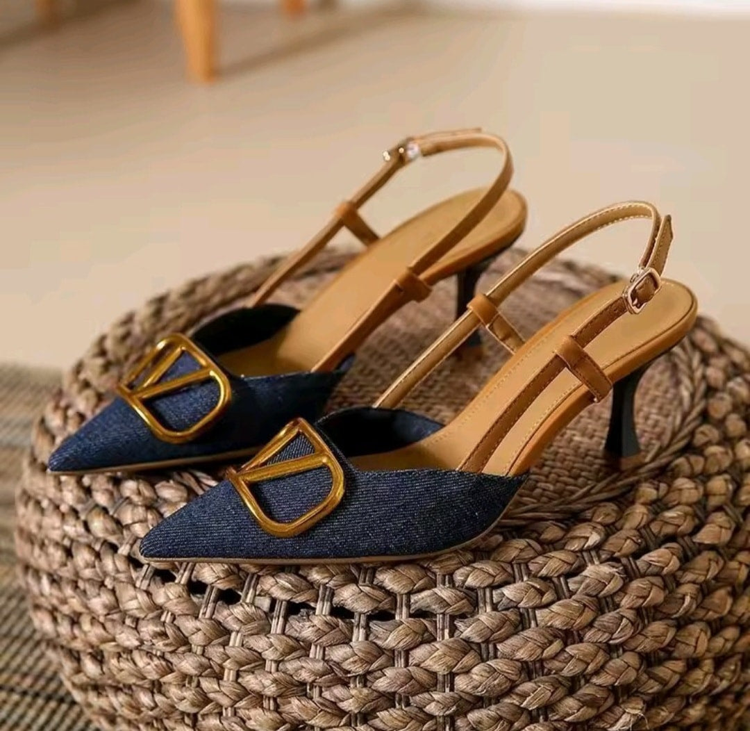 Denim V-Buckle Low Kitten Heel Slingbacks