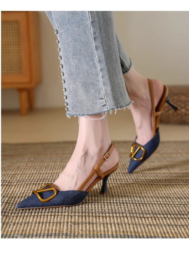 Denim V-Buckle Low Kitten Heel Slingbacks
