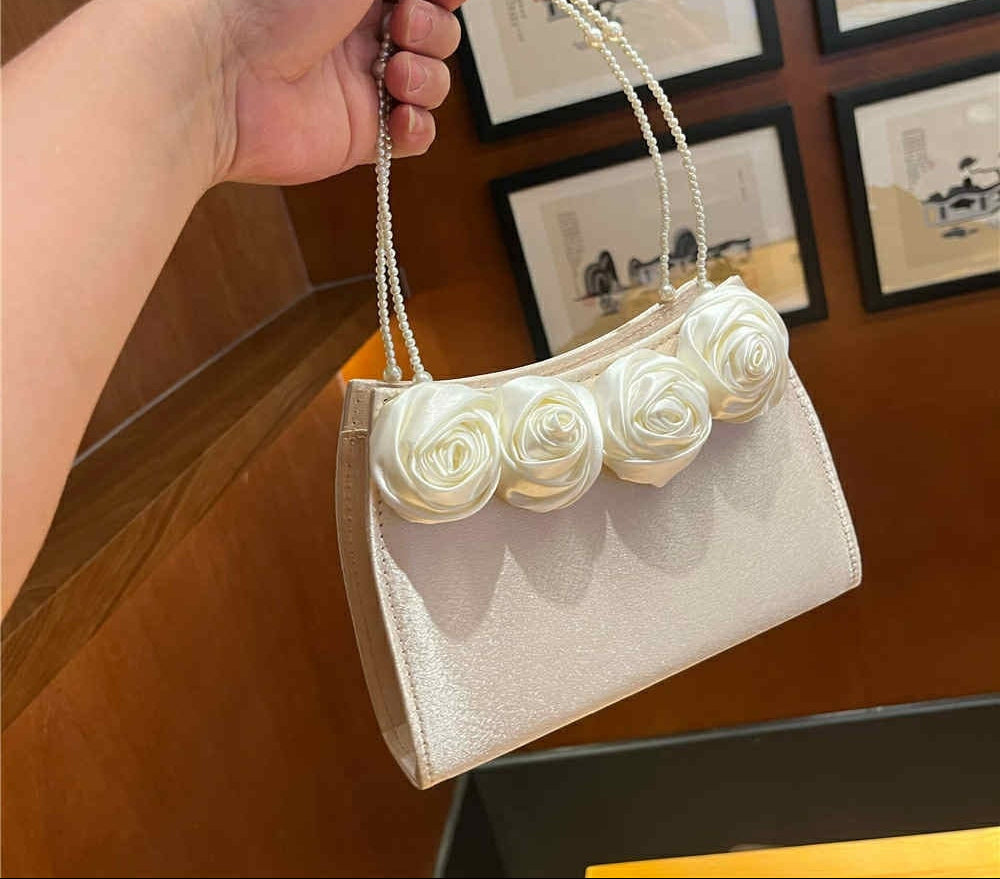 Satin Rose Pearl Handle Bag