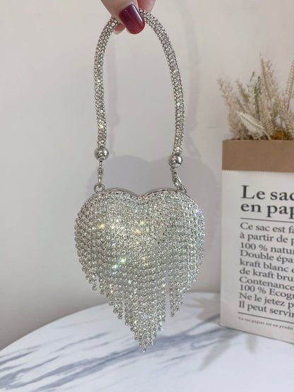 Luxury Heart Rhinestone Tassel Evening Clutch Bag