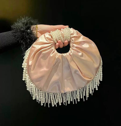 Pearl-Fringe Satin Evening Bag