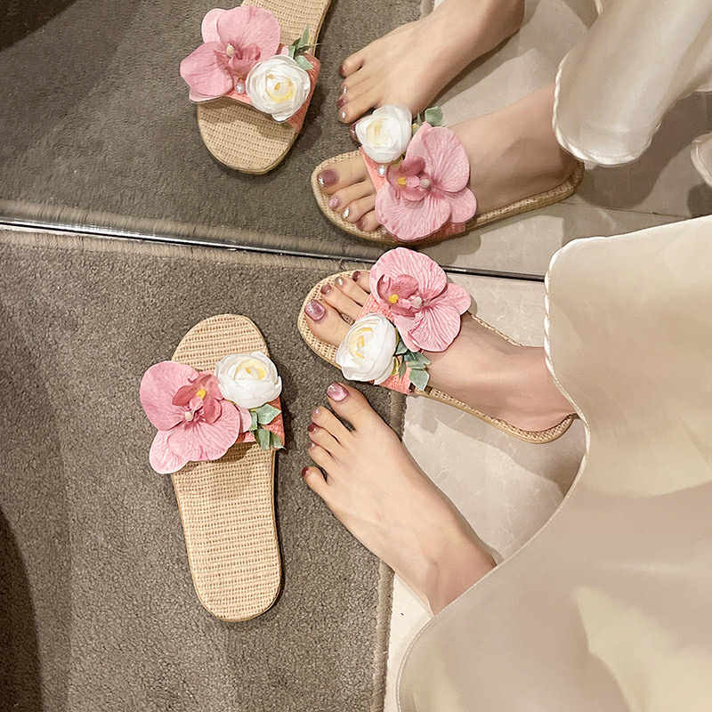 Floral Embellished Woven Slip-On Sandals