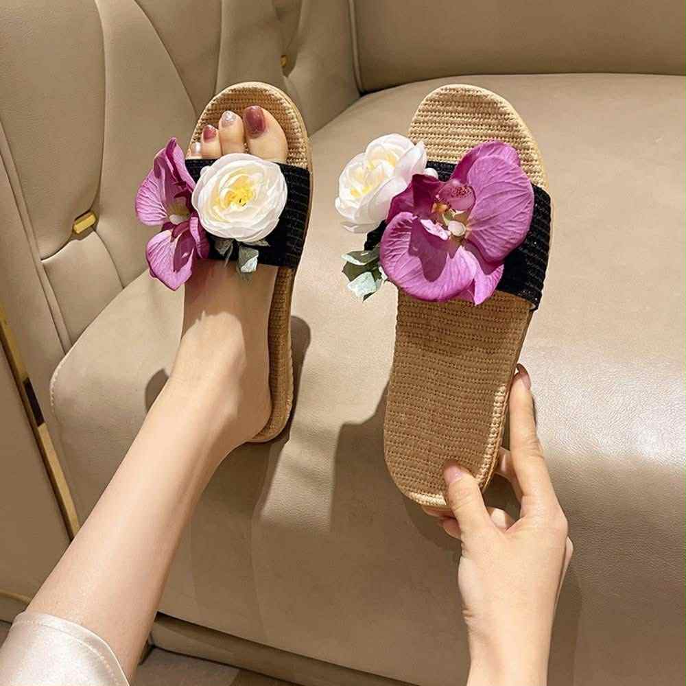 Floral Embellished Woven Slip-On Sandals