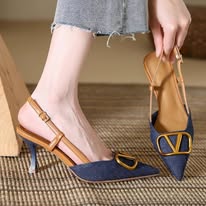 Denim V-Buckle Low Kitten Heel Slingbacks
