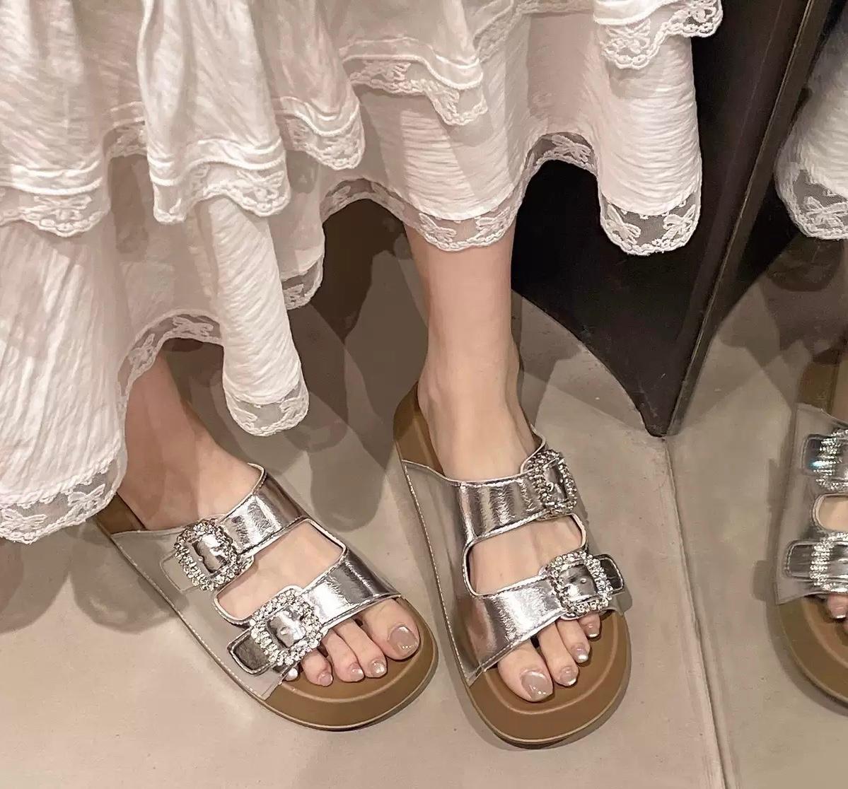 Rhinestone Buckle Double Strap Flat Waterproof Sandal RP