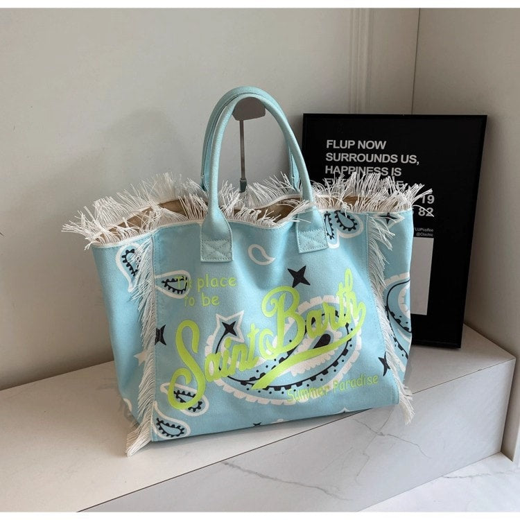 Fringed Graphic Summer Beach Tote