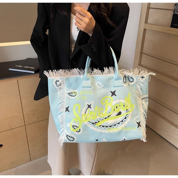 Fringed Graphic Summer Beach Tote
