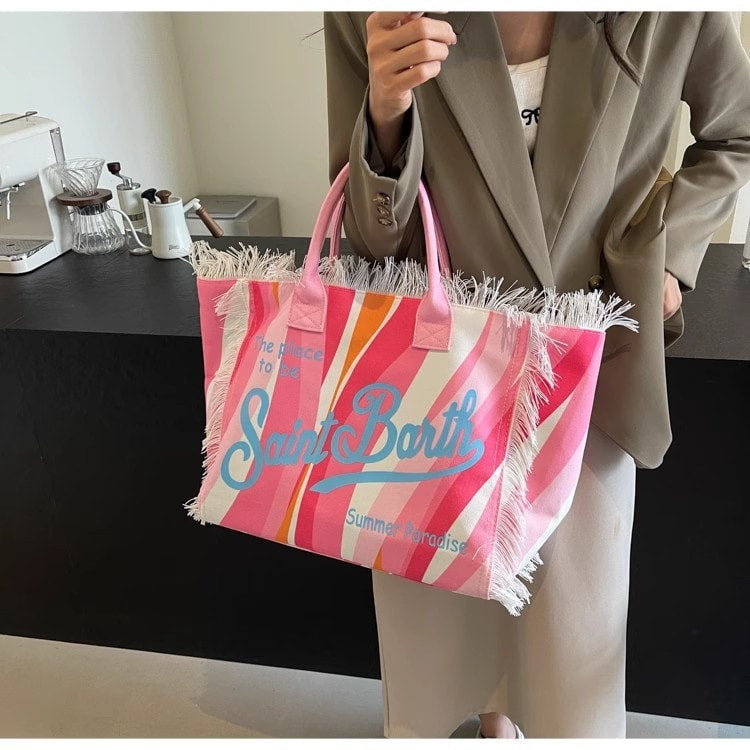 Fringed Graphic Summer Beach Tote