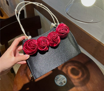 Satin Rose Pearl Handle Bag