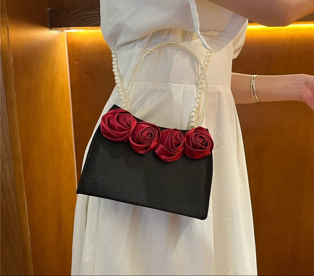 Satin Rose Pearl Handle Bag