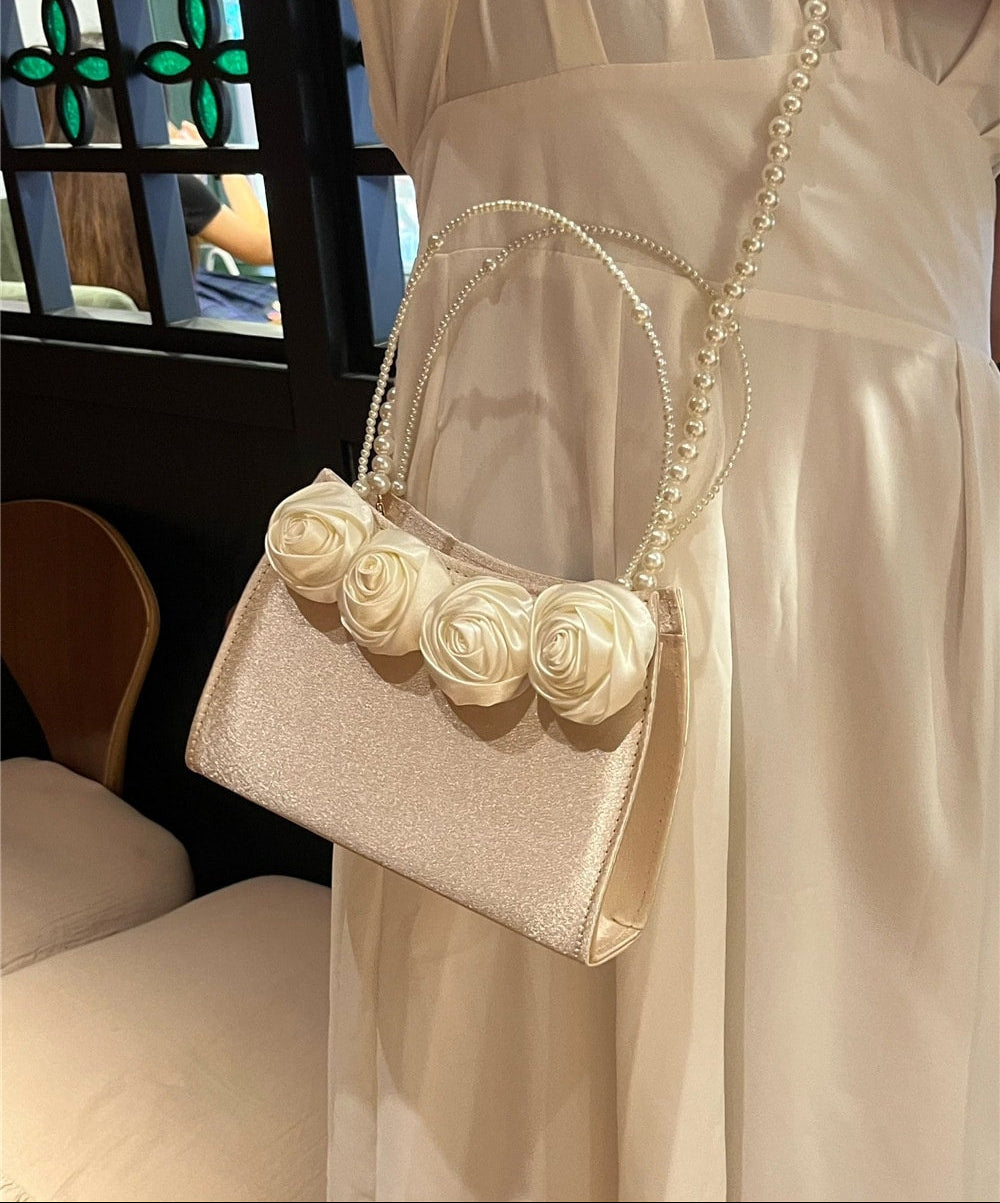 Satin Rose Pearl Handle Bag