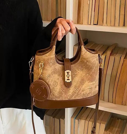 Women’s Vintage Printed Bucket Bag with Mini Coin Purse