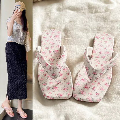 Floral Square Toe Flip-Flops Women's Sandal SQ