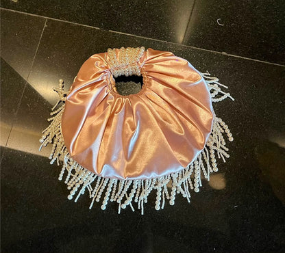 Pearl-Fringe Satin Evening Bag