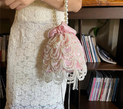 Elegant Pearl Tassel Drawstring Bucket Bag